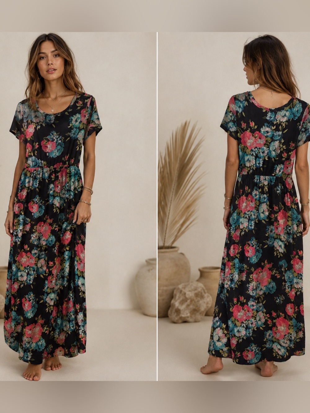 Egy Floral Boho 90’s Casual Romantic Pocketed Maxi Dress Navy Pink & Blue  Large